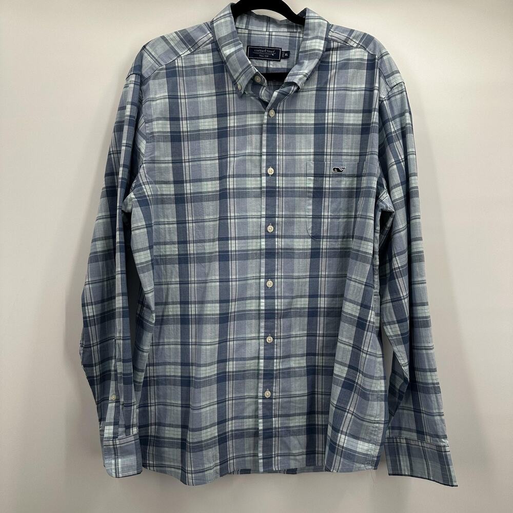 Vineyard Vines Shirt Mens XL Blue Plaid Button Down Whale Logo Casual Top Preppy